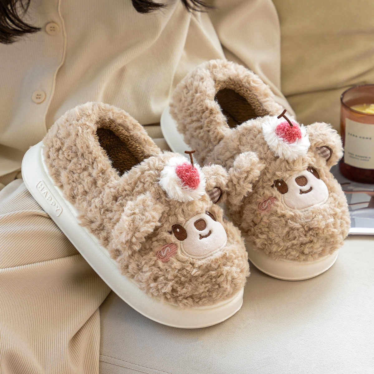 Women's Platform Heel Covered Plush Warm Cherry Bear Cotton Slippers