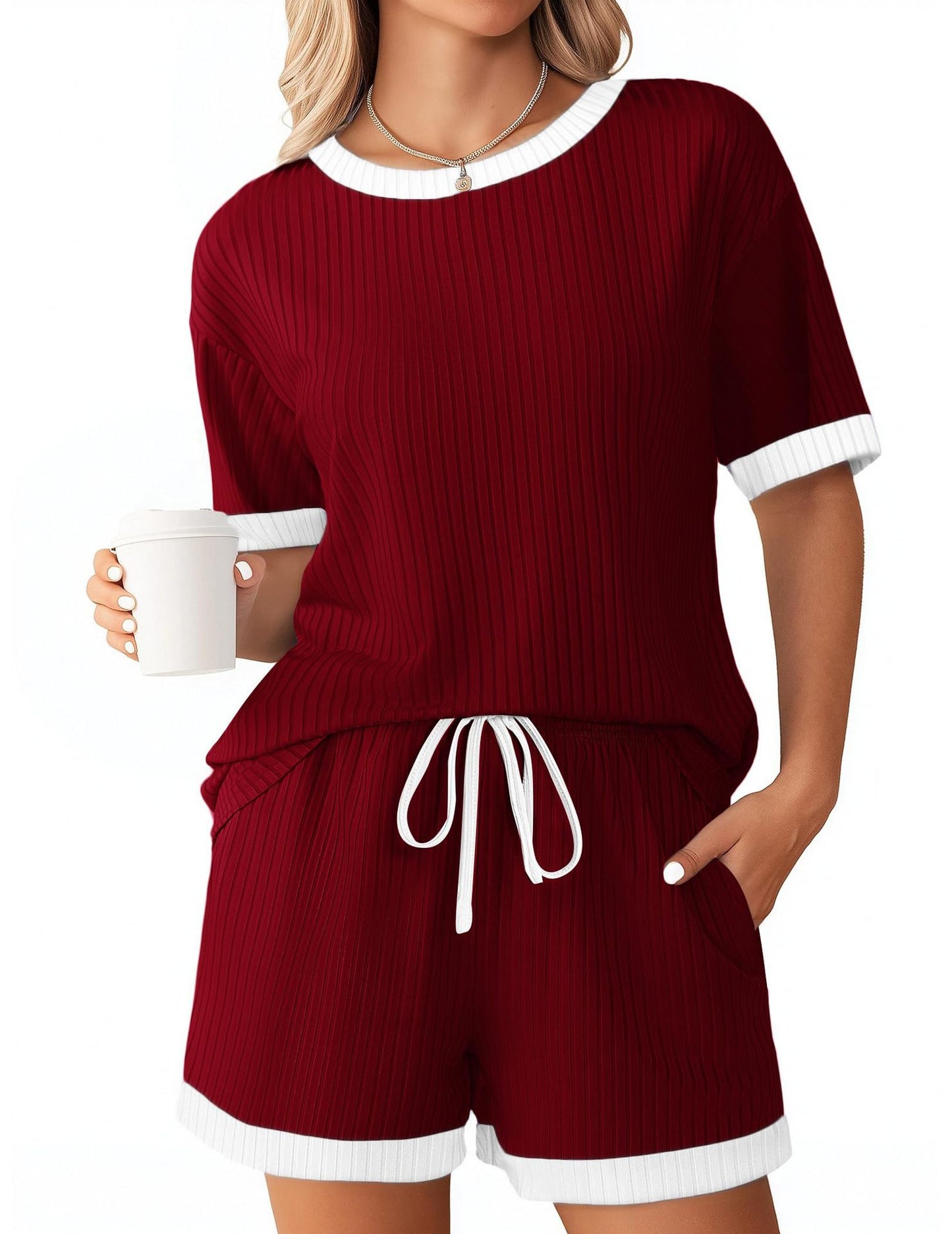 Solid-color Ribbed Patchwork Color-block Pajama Short-sleeve Loungewear Set