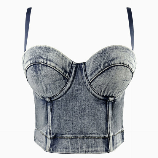 Grå Hængende Farvet Amerikansk Retro Fiskebensmønstret Denim Camisole
