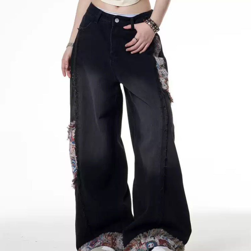 Retro Distressed Stitching Embroidered Jeans Women's Summer Loose Straight