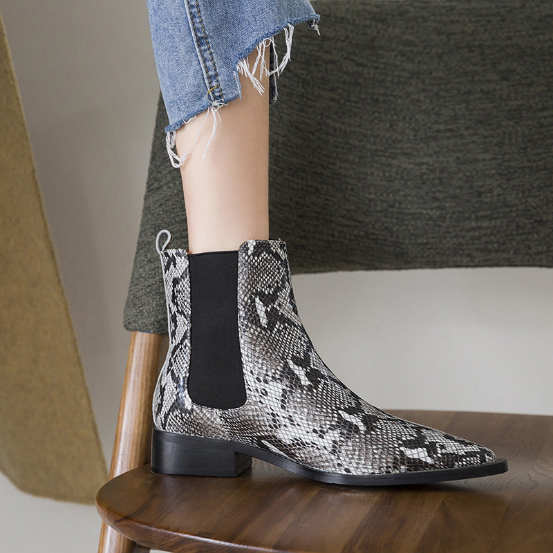 Flat Bottom Snake Short Boots Women's Low Heel Pointed Boots
