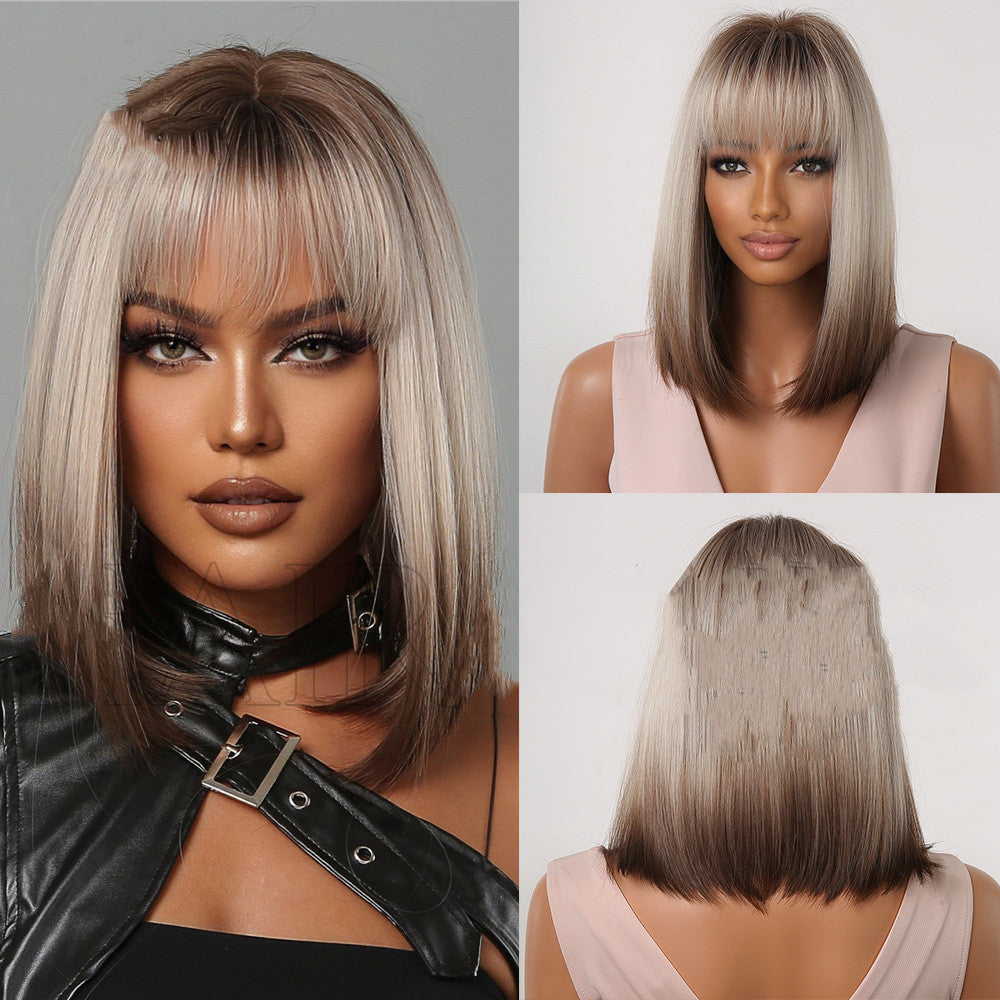 European-style Bangs Gradient Brown Shoulder-length Straight Hair