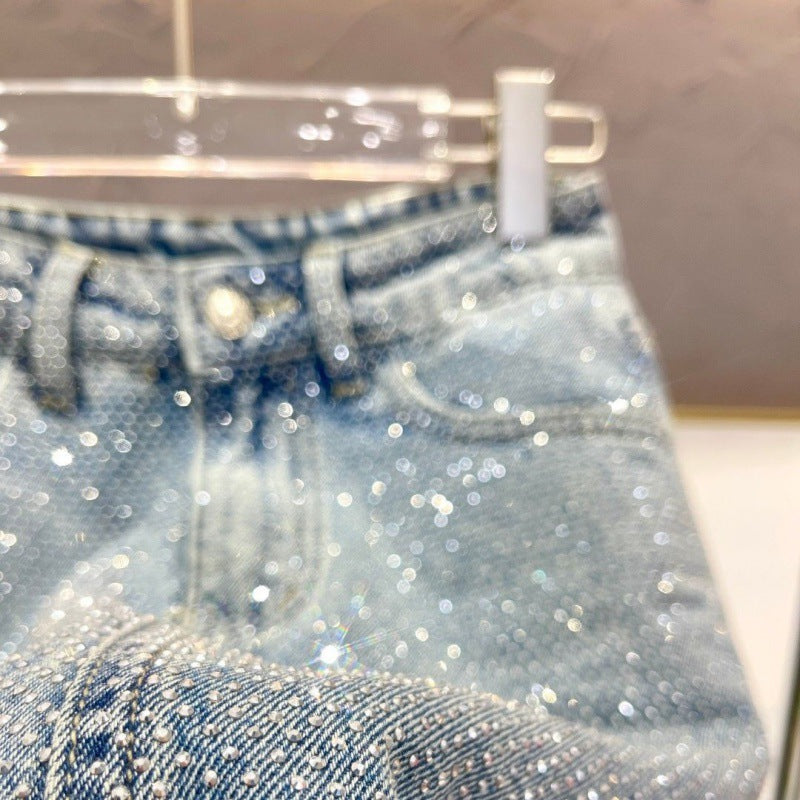 style Starry Hot Rhinestone Versatile Slimming Casual Denim Skirt For Women