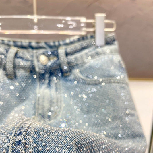 style Starry Hot Rhinestone Versatile Slimming Casual Denim Skirt For Women