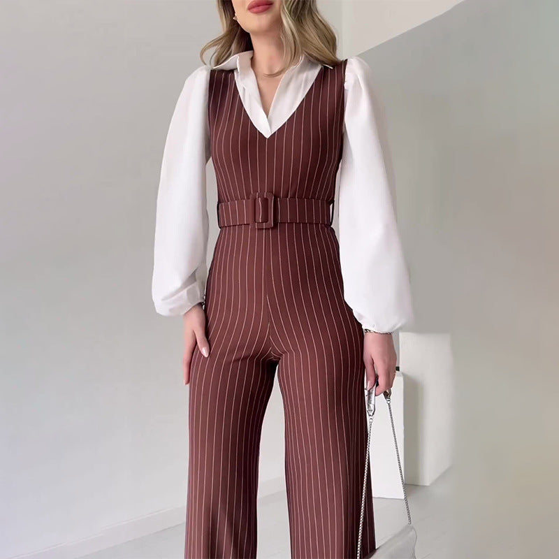 Color Contrast Patchwork Fashion High Waist Striped Straight Jumpsuit