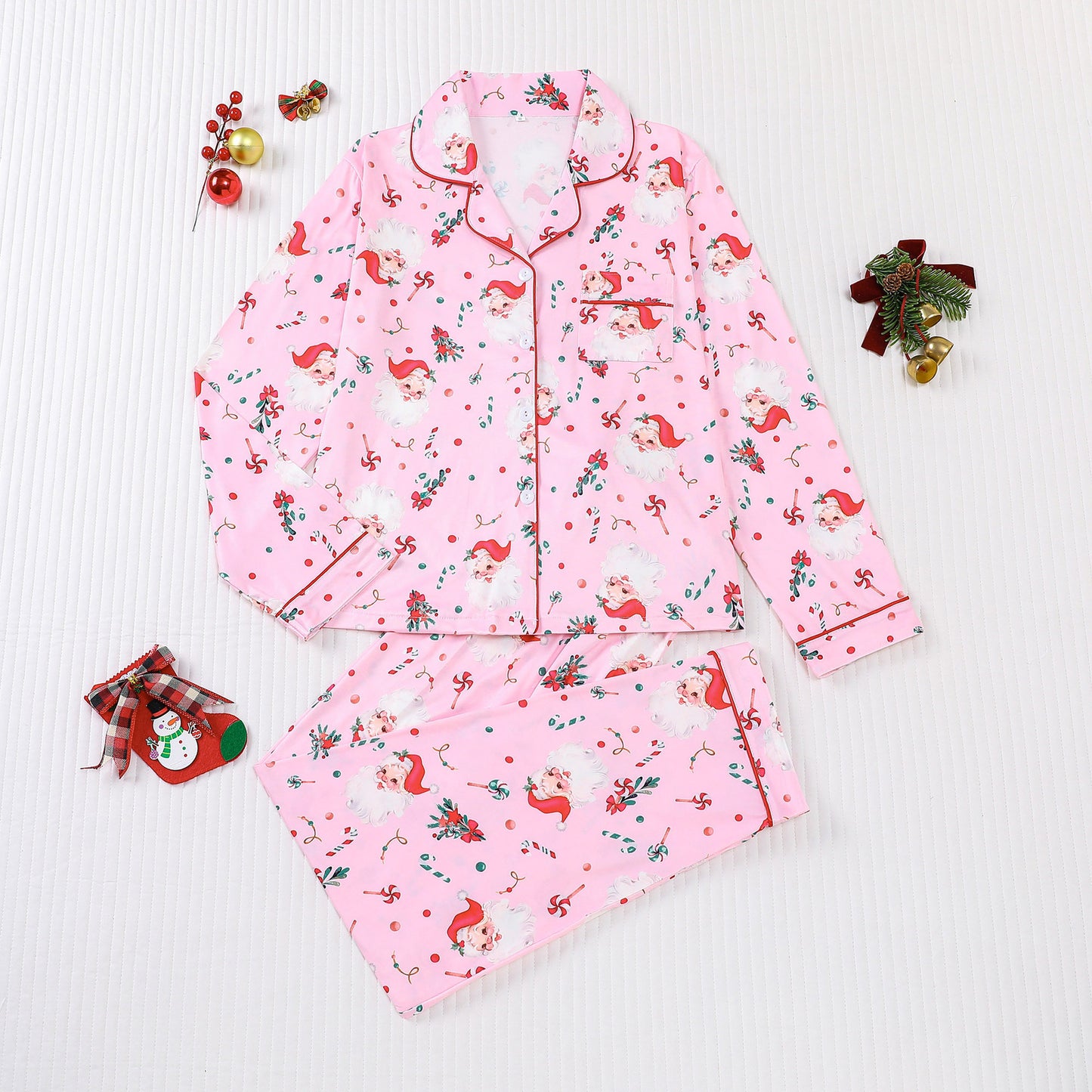 Women's Pajamas Four Seasons Christmas Printing Lapel Long Sleeve