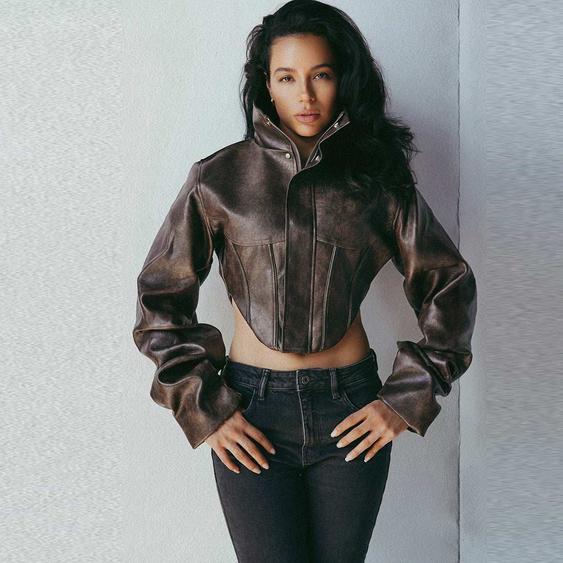 Solid-color High-neck Cropped Leather Jacket