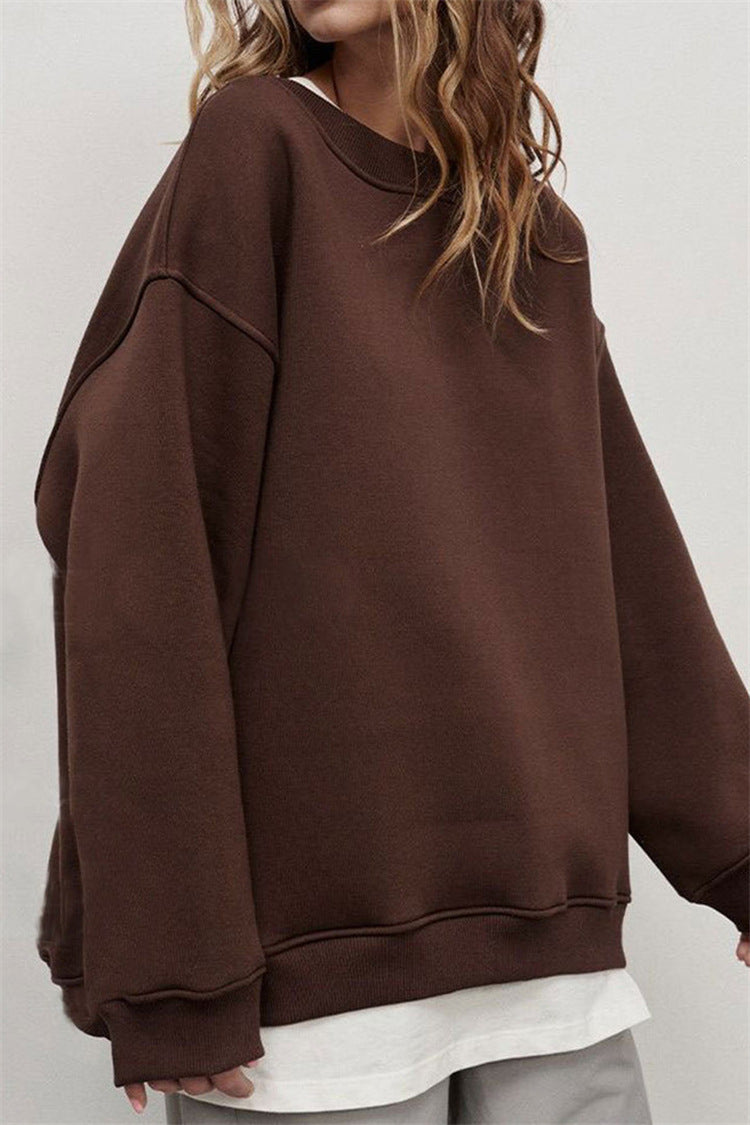 Solid-color Crew-neck Loose-fitting Pullover Hoodie