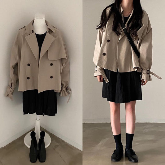 Korean Style All-matching Lapel Double Breasted Loose Leisure Short Long Sleeve Trench Coat