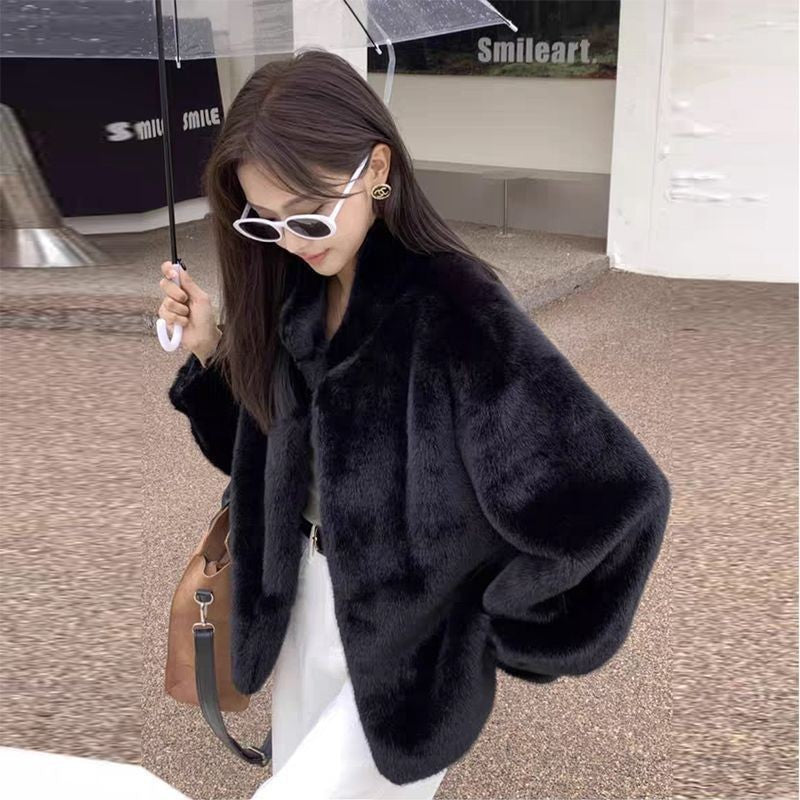 Womens Stylish Loose-fitting Fur-trimmed Collar Coat