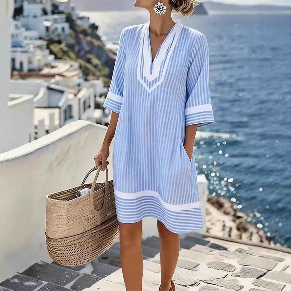 V-hals boheme-print løstsiddende strandkjole