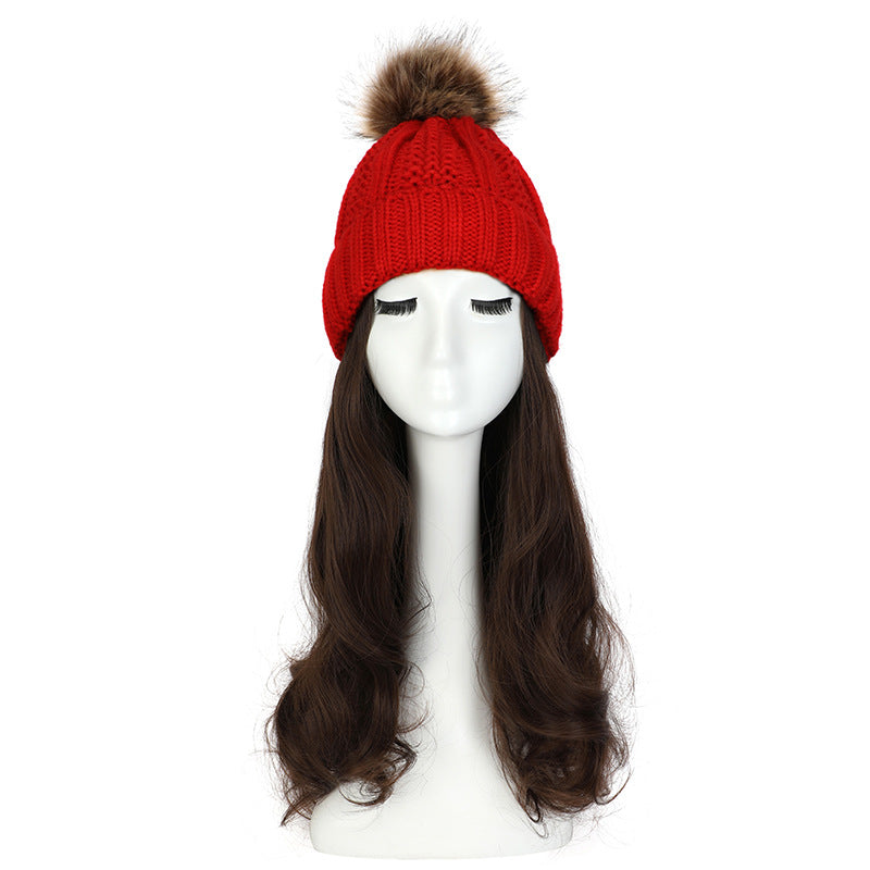 Women's Hat Wig Detachable Woolen Cap