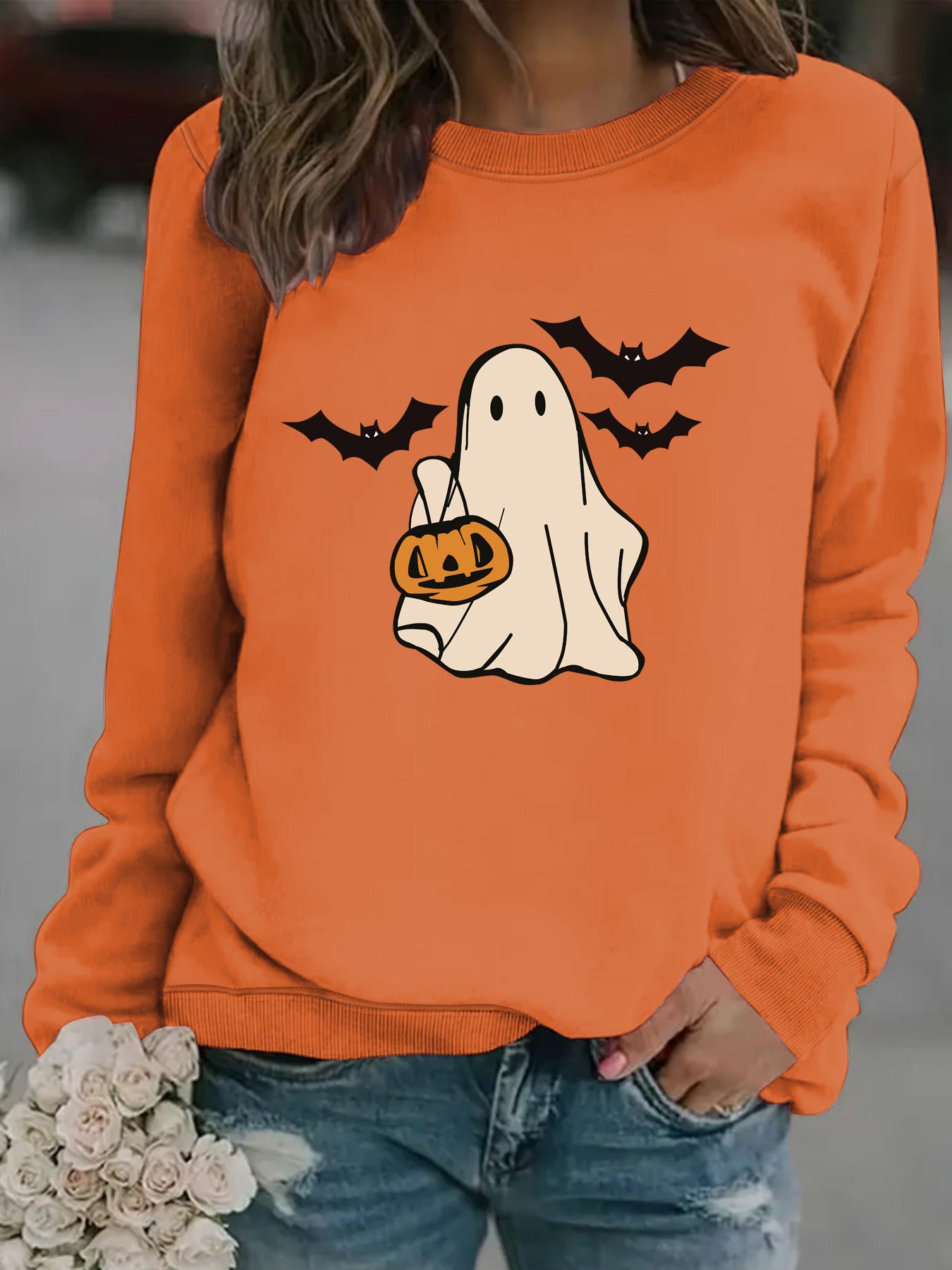 Halloween Casual Long Sleeve Round Neck Cartoon Ghost Print Pullover Sweater Sweatshirt