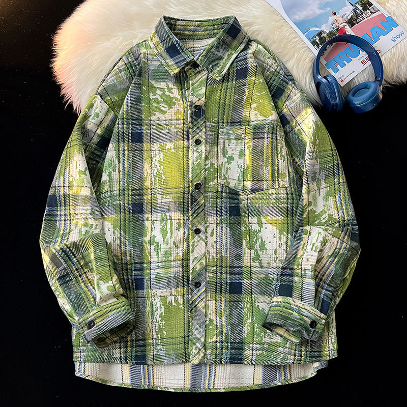 Plaid Shirt Printing And Dyeing Gradient Baggy Coat Shirt