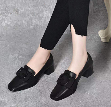 Middle Heel Chunky Heel Soft Leather British Style Square Toe Leather Shoes