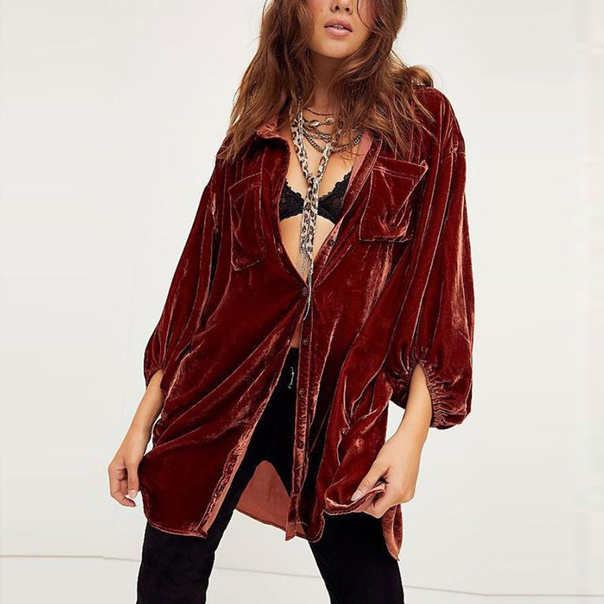 Loose Lantern Sleeve Long Shirt Women's Top