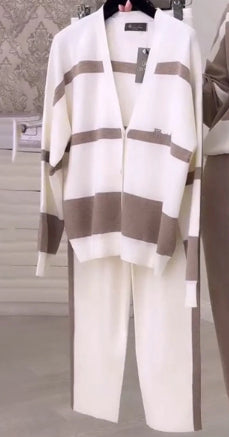 Commuter Striped Patchwork Top Trousers Women's Suit Two-piece Set