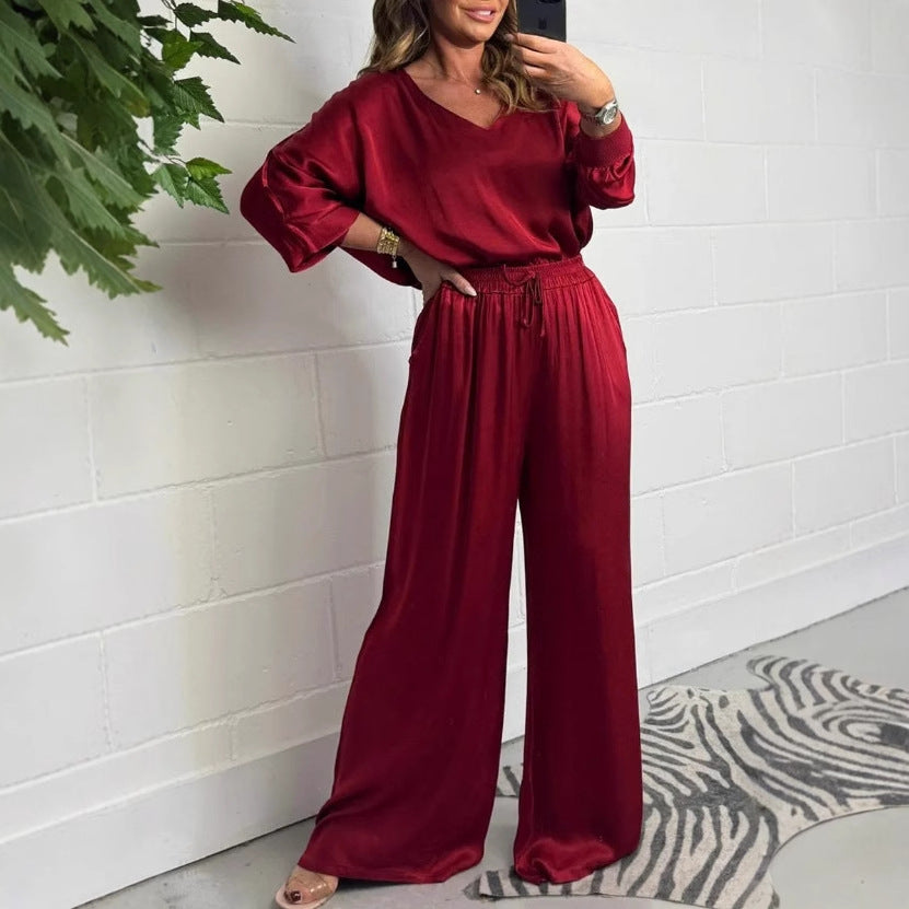 Fashion Women's Wear V-neck Long Sleeve Top Wide Leg Pants Suit