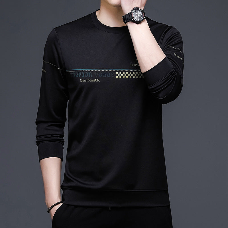 Men's Printed Bottom T-shirt With Round Collar And Long Sleeves
