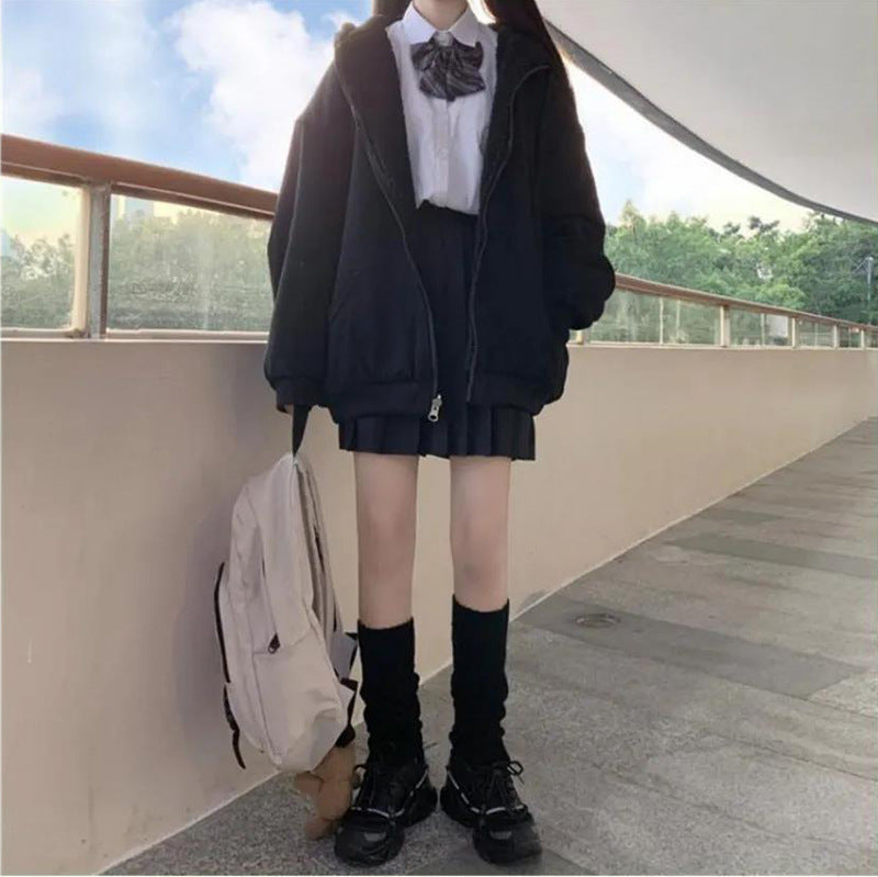 Casual Loose Versatile Zip Solid Hooded Jacket