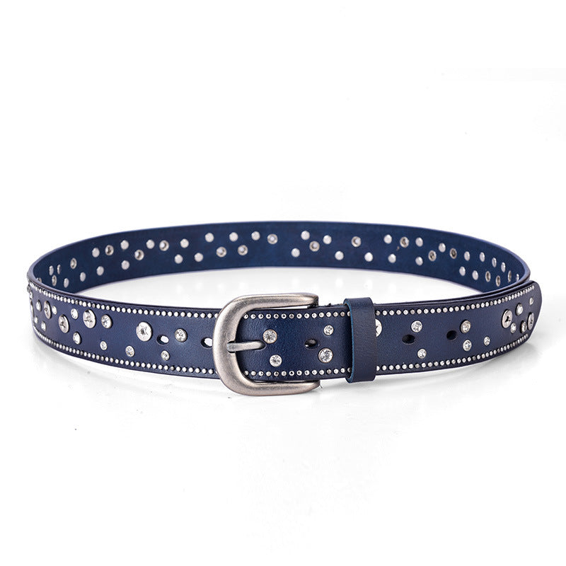 Fashion Trend Ladies Leather Rivet Rhinestone Inlaid Pin Buckle Belt