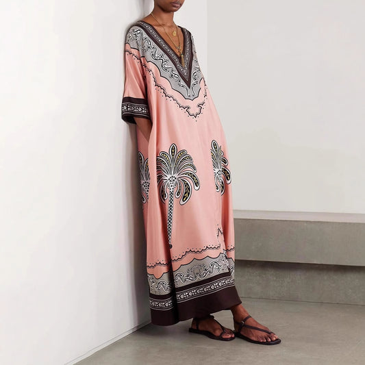 Casual Printed V-Neck Loose Satin Resort Dress
