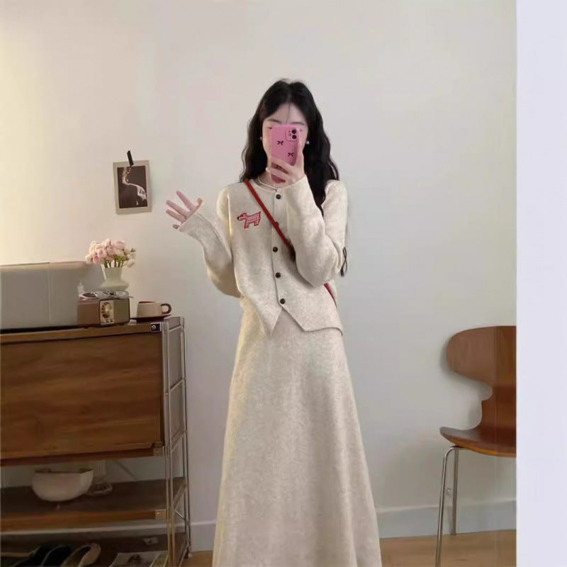 Spring Autumn New Stylish Commuter Slim Knit Cardigan And Long Skirt Two-Piece Set