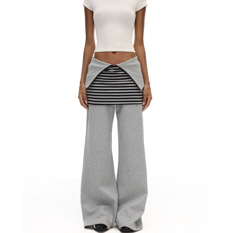 Adjustable Waist Gray Wide Leg Striped Skirt Profile Long Sports Pants Women