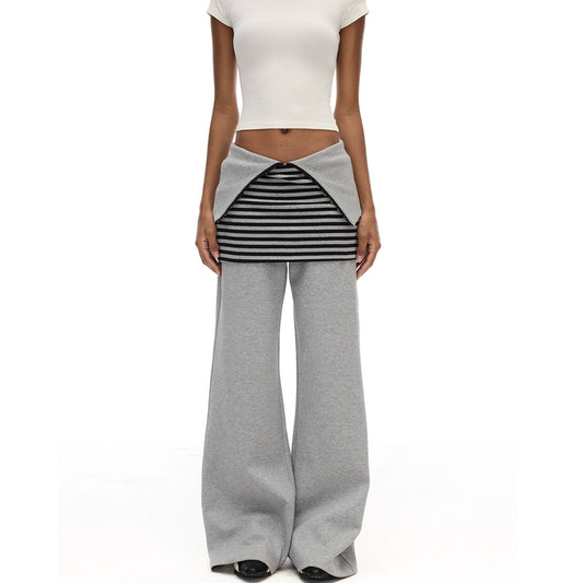 Adjustable Waist Gray Wide Leg Striped Skirt Profile Long Sports Pants Women