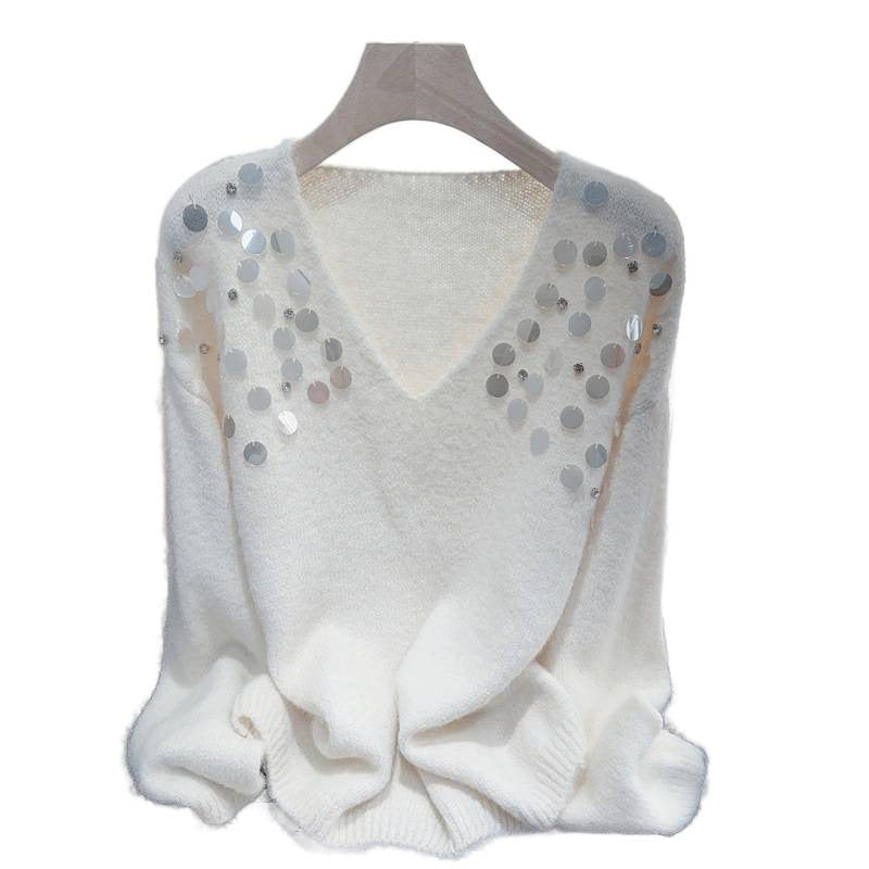 Chunky broderi pailletter diamant V-hals pullover hyggelig sweater