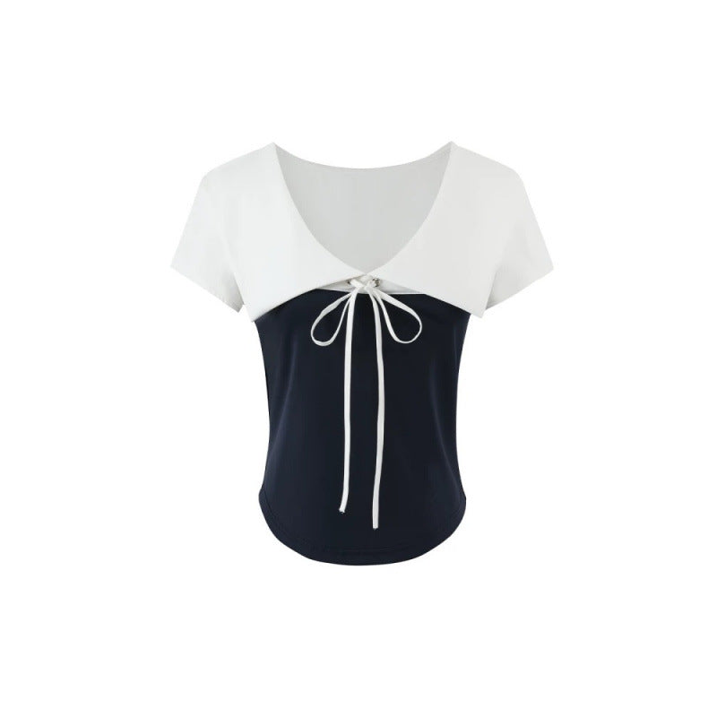 Loose Leisure All-matching Thin T-shirt Purplish Blue Stitching Outerwear Top