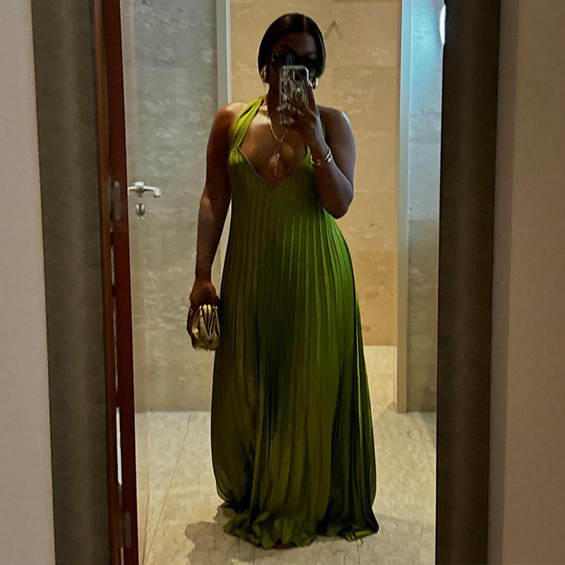 Sweet And Fresh Halter V-neck Backless Pleated Dress
