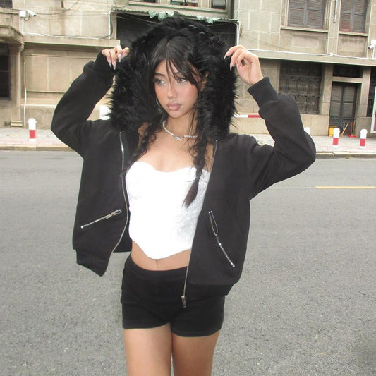 Black Zipper Divided Print Fleece Hooded Sweatshirt