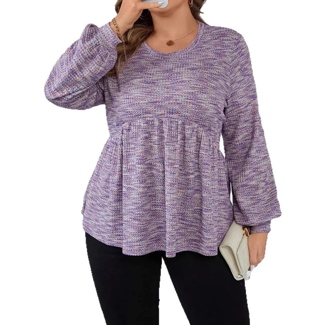 Long Sleeve Tie-dyed Printed Ruffled Hem Lantern Sleeve Round Neck T-shirt