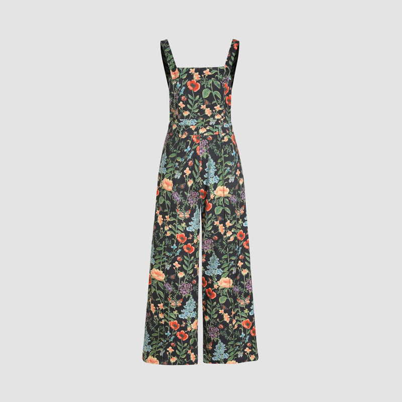 Cross-border Floral Print Button Wide Leg Jumpsuit Hot Sale In Stock