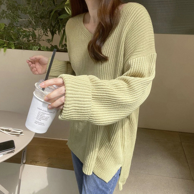 Women's V-neck Loose Leisure All-matching Long Sleeve Coarse Yarn Thick Sweater