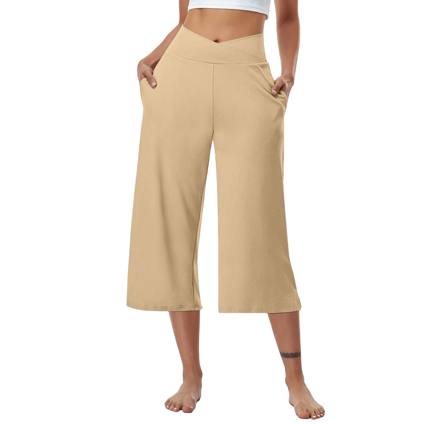 High-Waist Butt-Lifting V-Shaped Waist Wide-Leg Fitness Running Cropped Pants