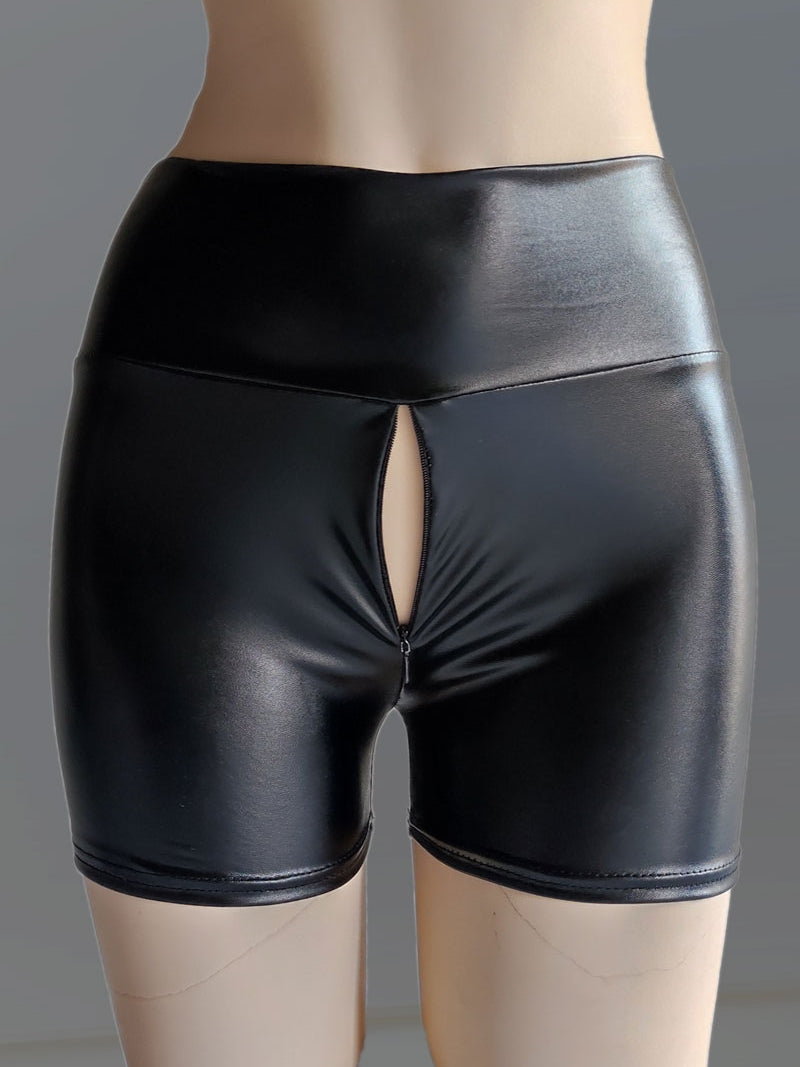 Leather Shorts Invisible Zipper Crotch Patent