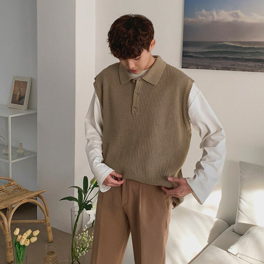 Mens Loose-fit V-neck Knitted Sweater Versatile Solid-color Outerwear Vest