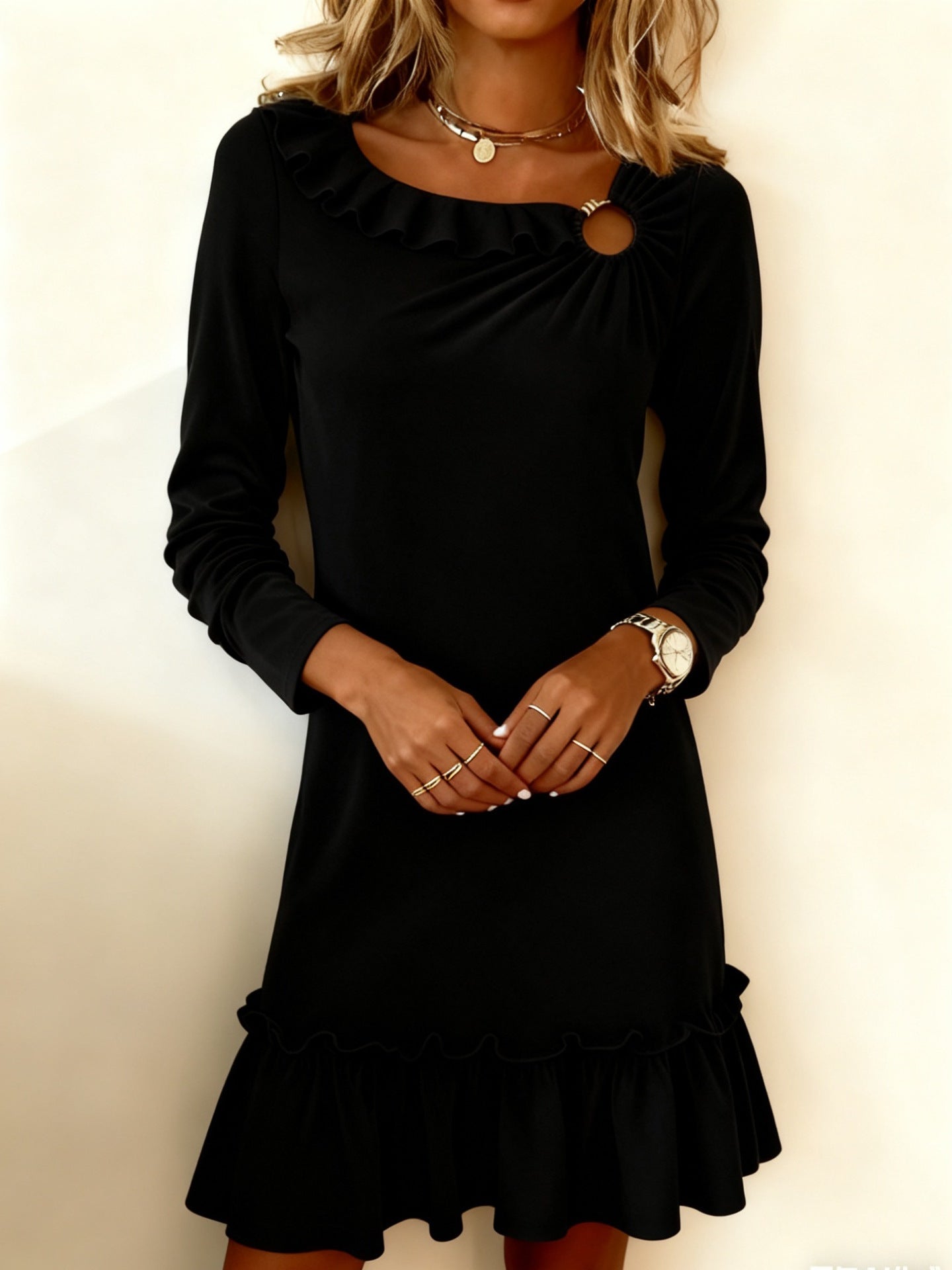 Womens Dress Fashionable Loose-fit V-neck Solid Color