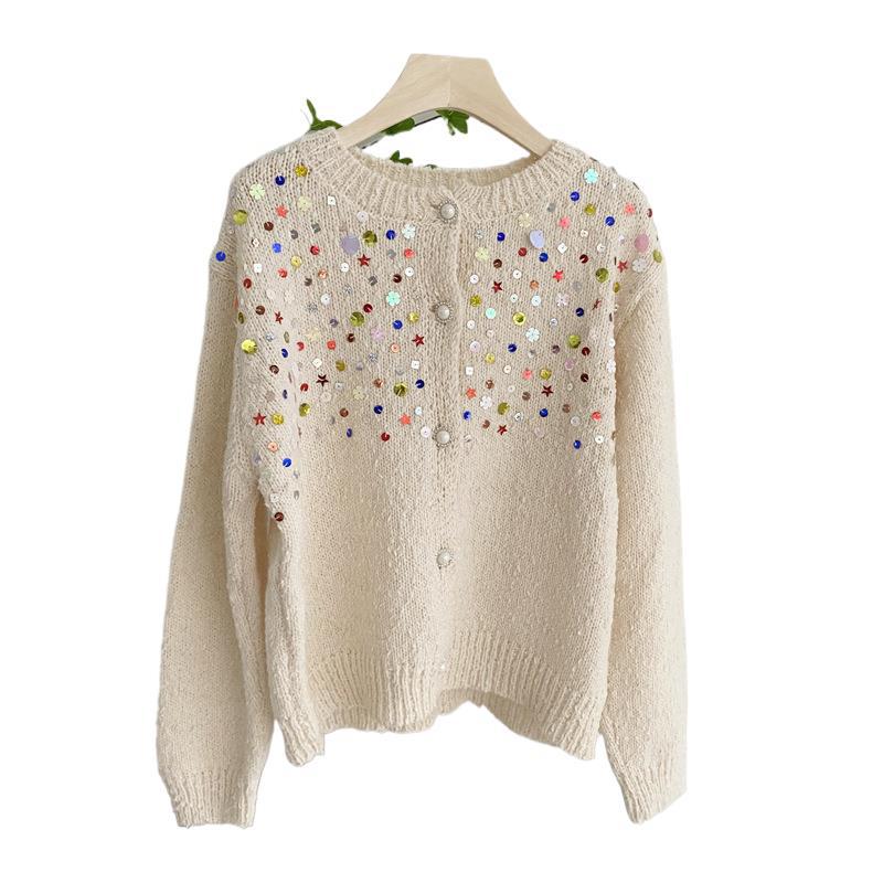 Sweet Design Idle Style Sequined Sweater For Women Spring And Autumn New Knitted Cardigan Outerwear Top