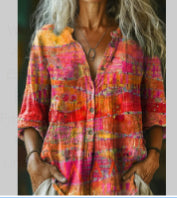 Women's Vintage Floral Texture Print Casual Cotton And Linen Shirt