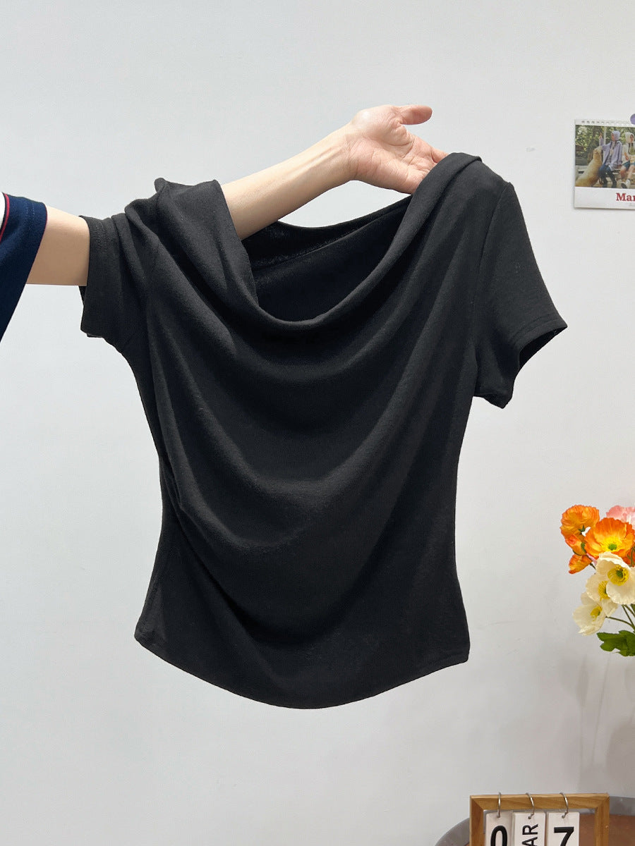 French One-shoulder Draped Neckline Short Sleeve Top