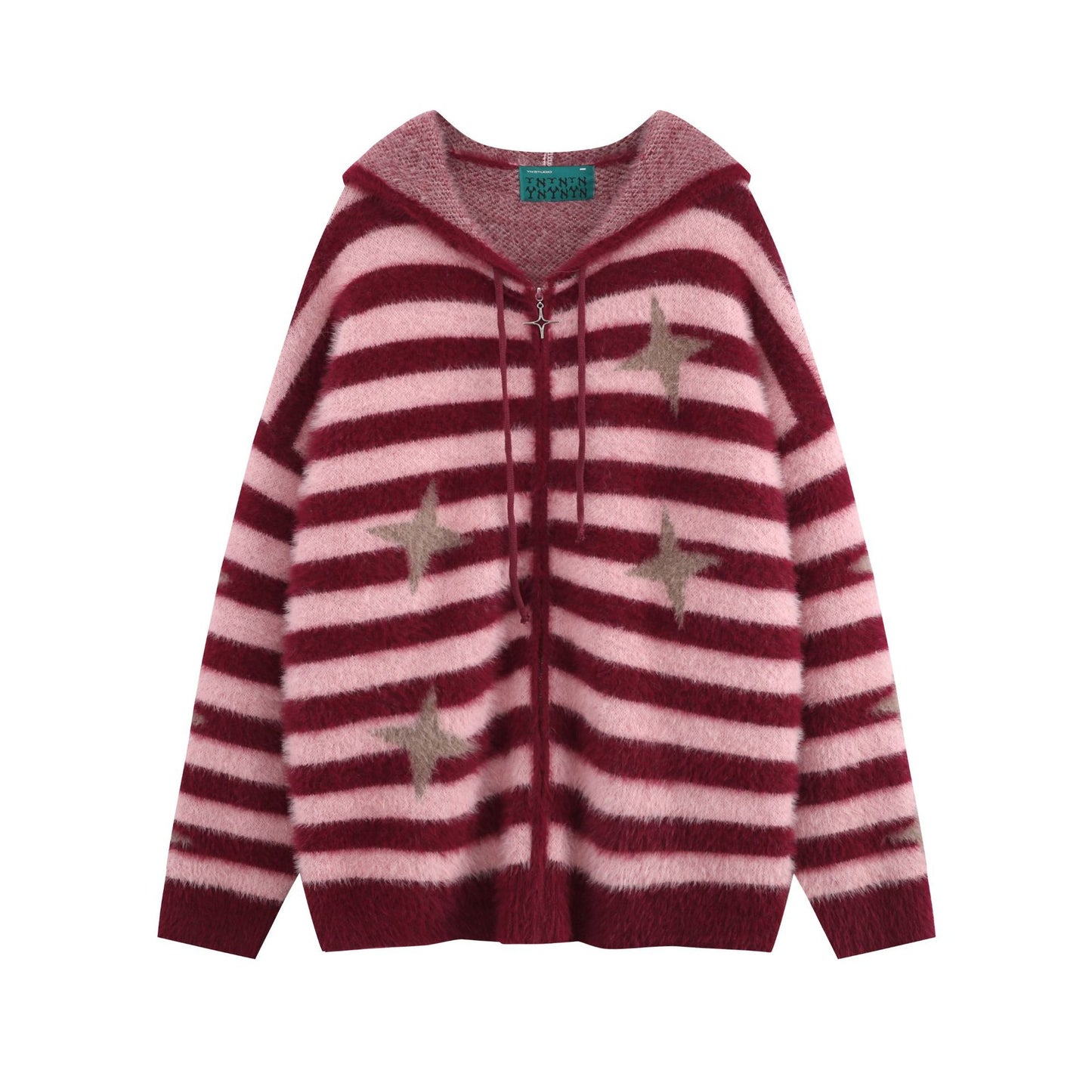 Idle Style Loose Red Striped Hooded Zip Cardigan Sweater Coat