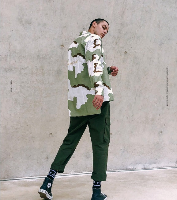 Spring high street camouflage short short long loose tide brand men's lapel check shirt shirt