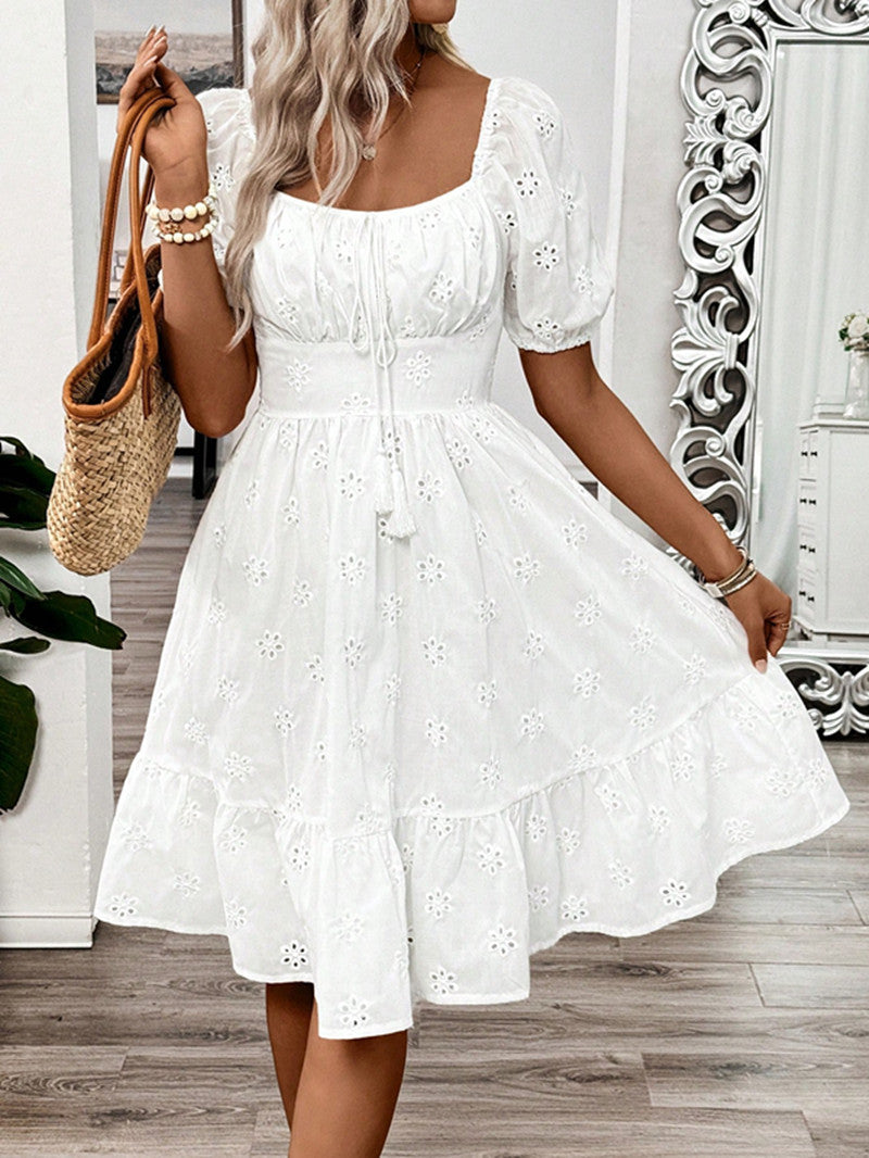 Solid-color Square-neck Short-sleeve Dress