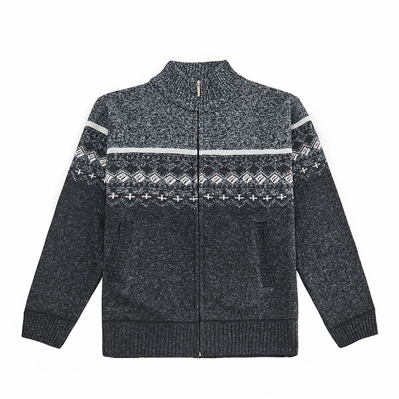 Velvet Thickening Sweater Men's Stand Collar Assorted Colors Retro Jacquard Knitted Cardigan