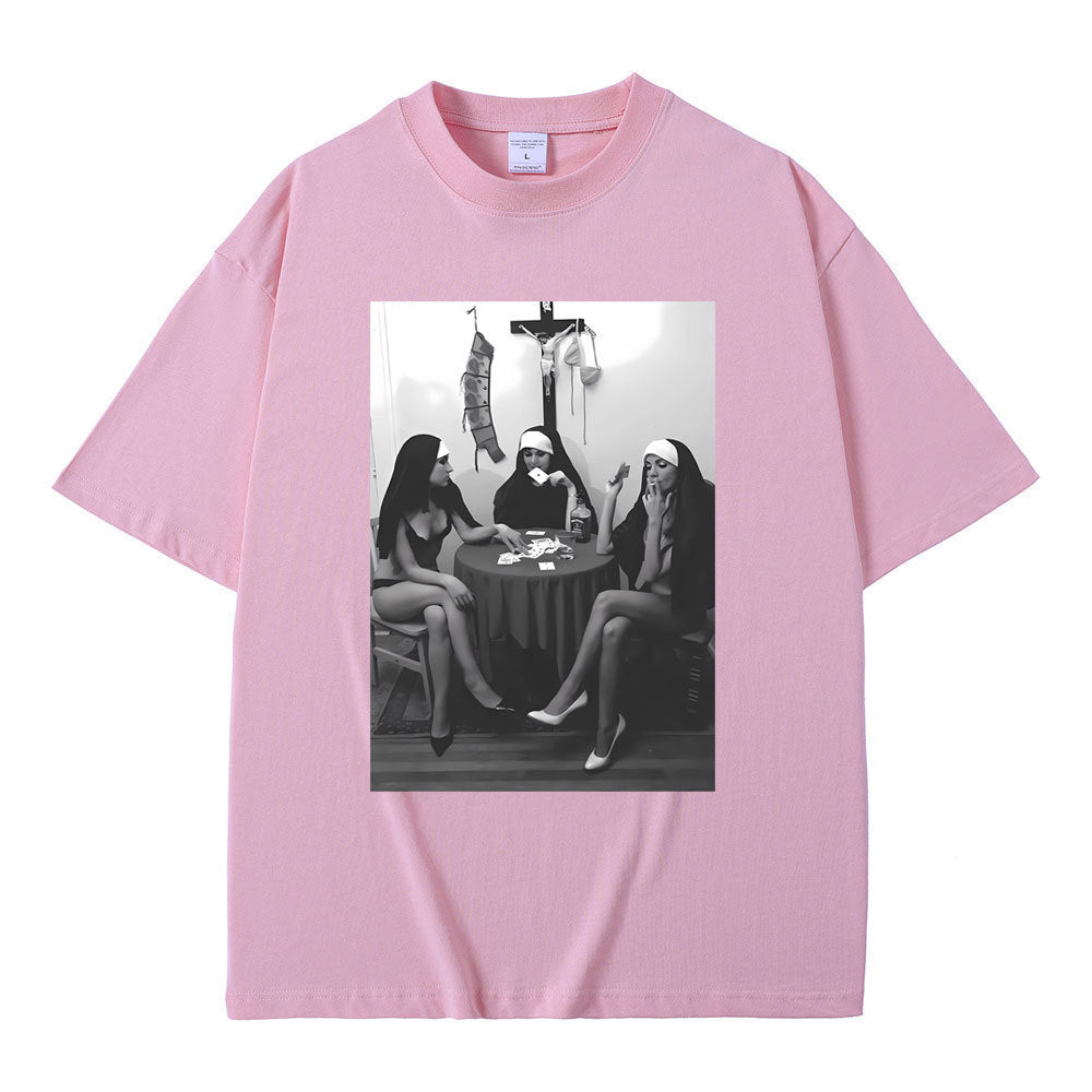 Nuns Naked Playing Card Smoking Drinking Funny Meme T-Shirt