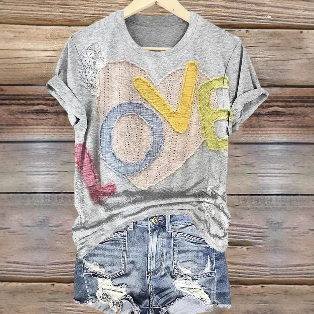 LOVE Personality Patch Pattern Round Neck Short Sleeve