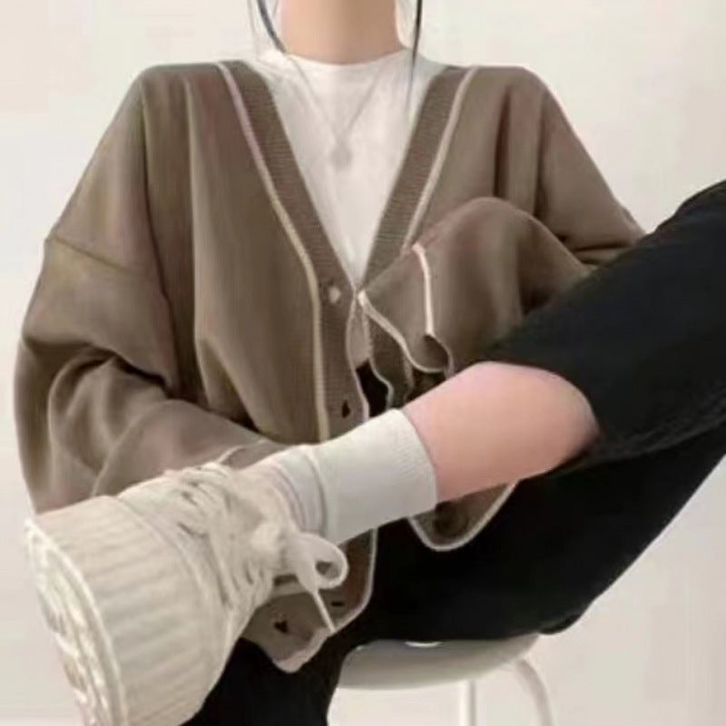 Contrast Color V-neck Knitted Cardigan Sweater Coat
